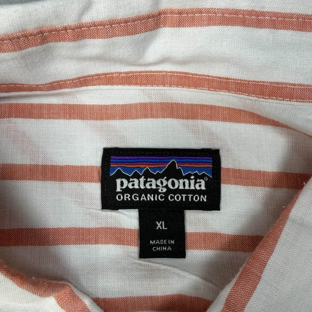Patagonia Men's Shirt Size XL  Orange Organic Cotton Short Sleeve Shirt Striped - Picture 4 of 10